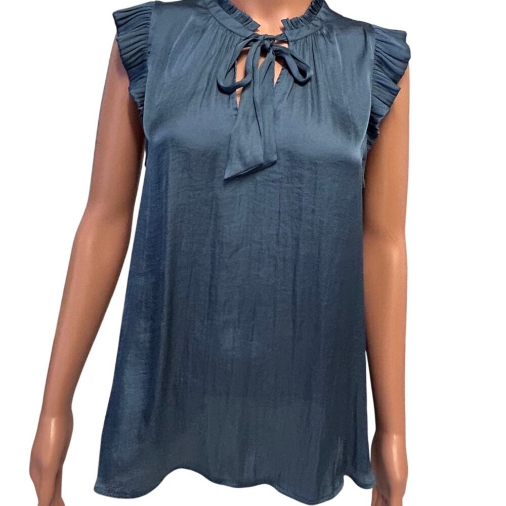 Banana Republic sz M sleeveless ruffle neck tie blouse dusty blue